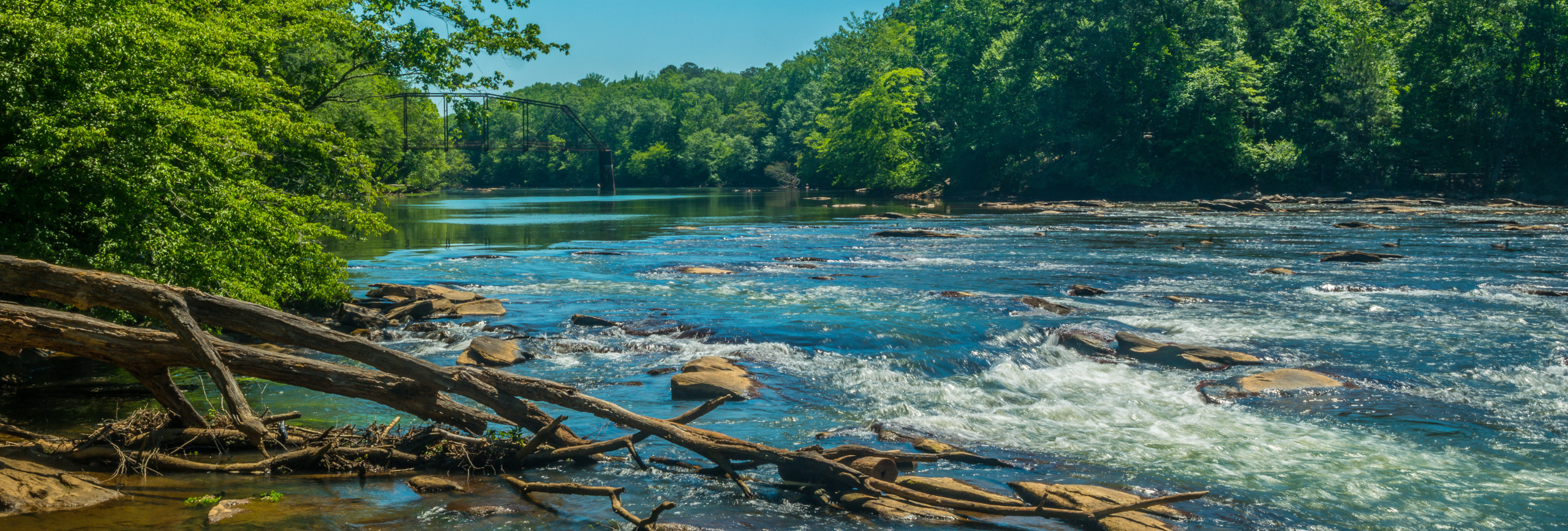 A scenic river flows over rocks surrounded by lush green trees under a clear blue sky, with a metal bridge visible in the background—an inviting setting reminiscent of Mental Health Treatment in Forest Park.